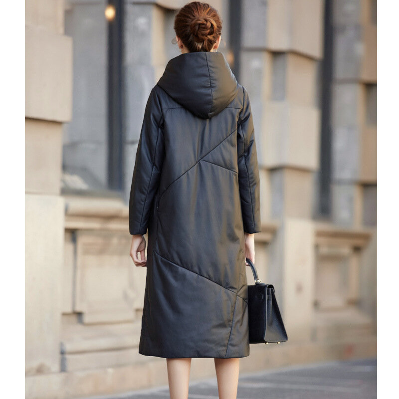 Women's Leather Down Coat, Hooded Sheepskin, Thicken Coat, Black, Genuine Leather Outerwear, Long Casual Trench, Winter
