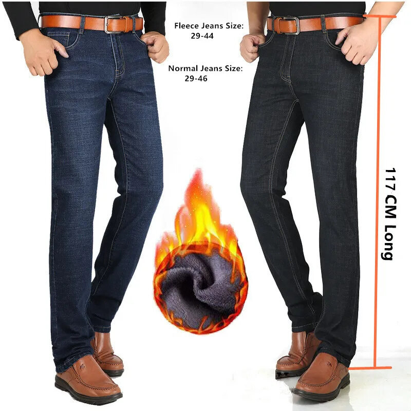 Wysokie jeansy męskie 117CM bardzo długi proste Slim Fit czarny niebieskie spodnie wysoki stan polar zimowy Jeans Plus rozmiar 40 42 44 46 spodnie