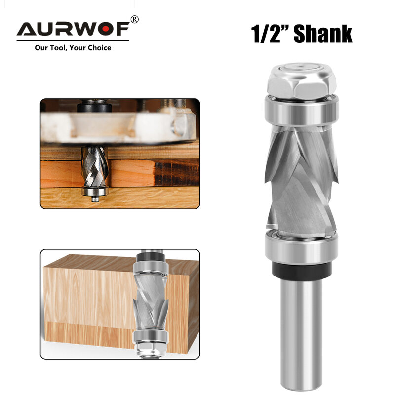 AURWOF 1PC 1/2 Shank Bearing Ultra-Perfomance Compression Flush Trim Solid Carbide CNC Router Bit For Woodworking End Mill Z13C