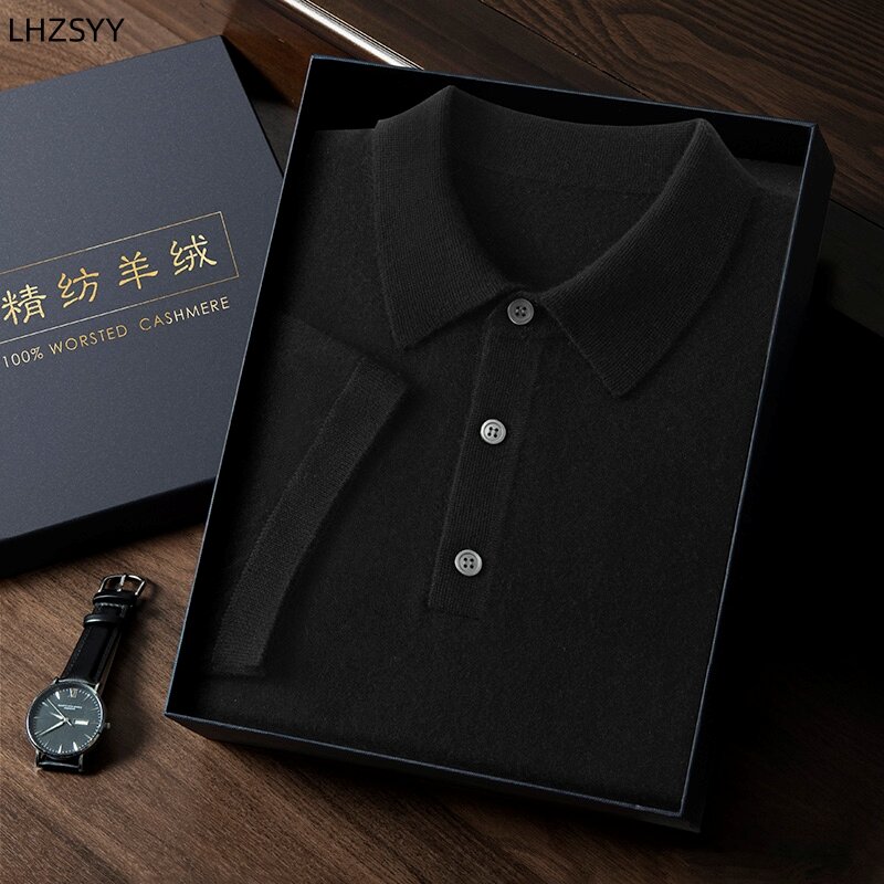 Lhzsyy-Camisola de caxemira pura de manga curta masculina, caxemira de cabra 100% pura, camiseta com gola polo penteante, camisa base de malha, suéter high-end, nova