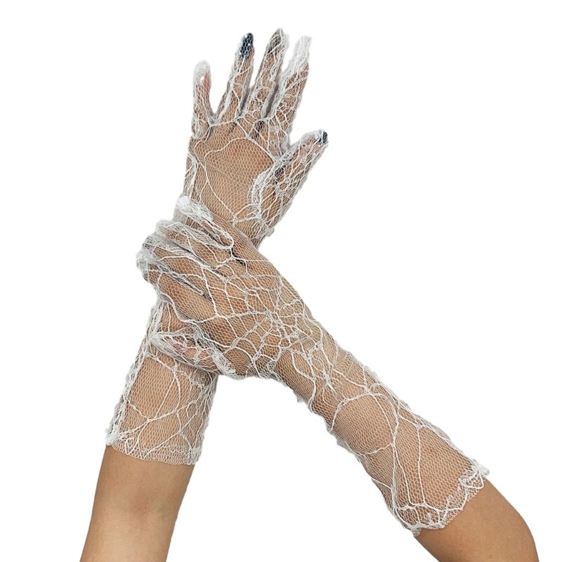 ถุงมือลูกไม้สไตล์โกธิคถุงมือใยแมงมุมถุงมือฮาโลวีนปาร์ตี้ถุงมือเต็มนิ้ว
