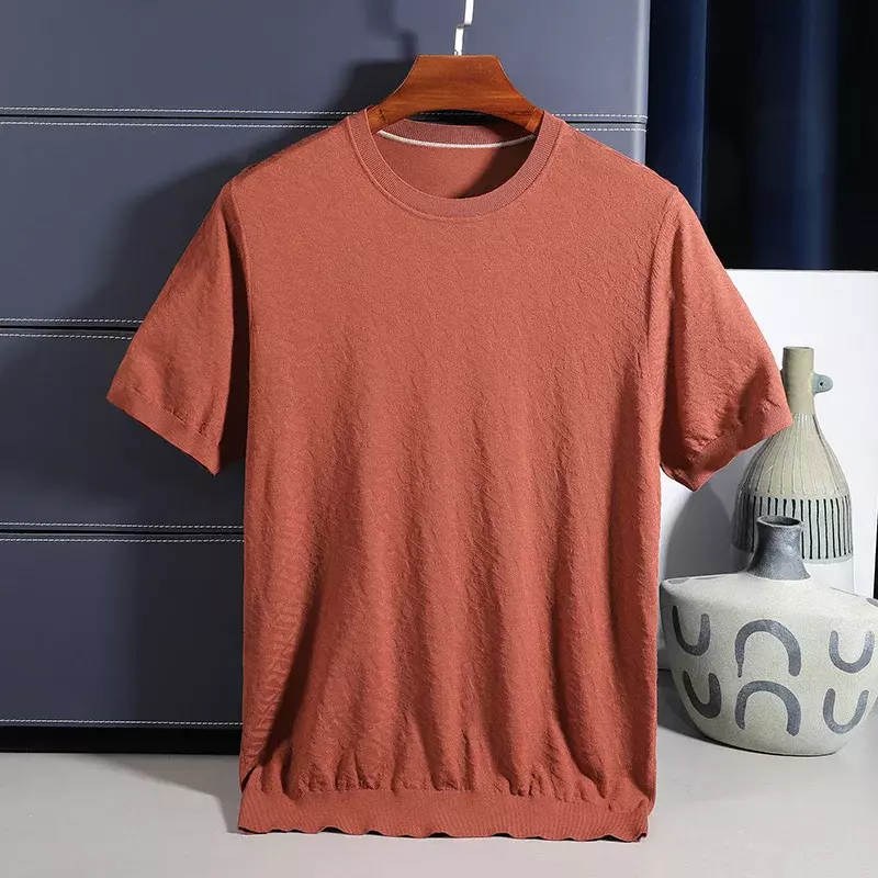 Letni nowy męska koszulka wysokiej jakości jedwab z krótkim rękawem dzianinowy Top koreański styl jednolity kolor prosty okrągły dekolt t