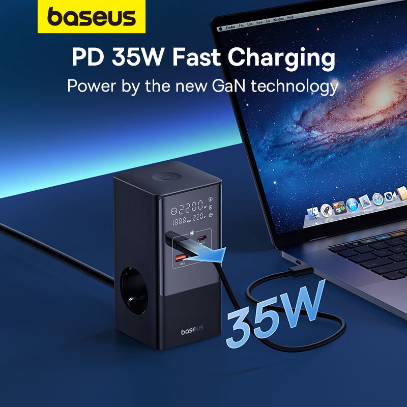Baseus 35W caricabatterie rapido ciabatta digitale 7-in-1 stazione di ricarica Display digitale di potenza nominale 4000W per iPhone 15 14 Pro Max
