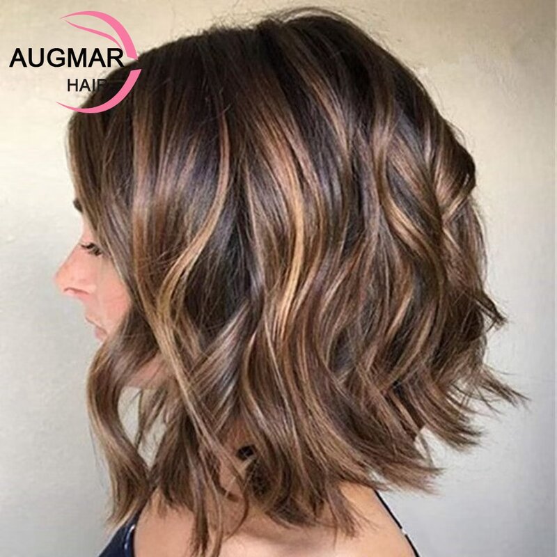 Short Wavy Blonde Highlight Wig Human Hair Wigs Ombre 13x4 Brown Lace Front Wig Brazilian Remy Bob 360 13x6 HD Lace Frontal Wig