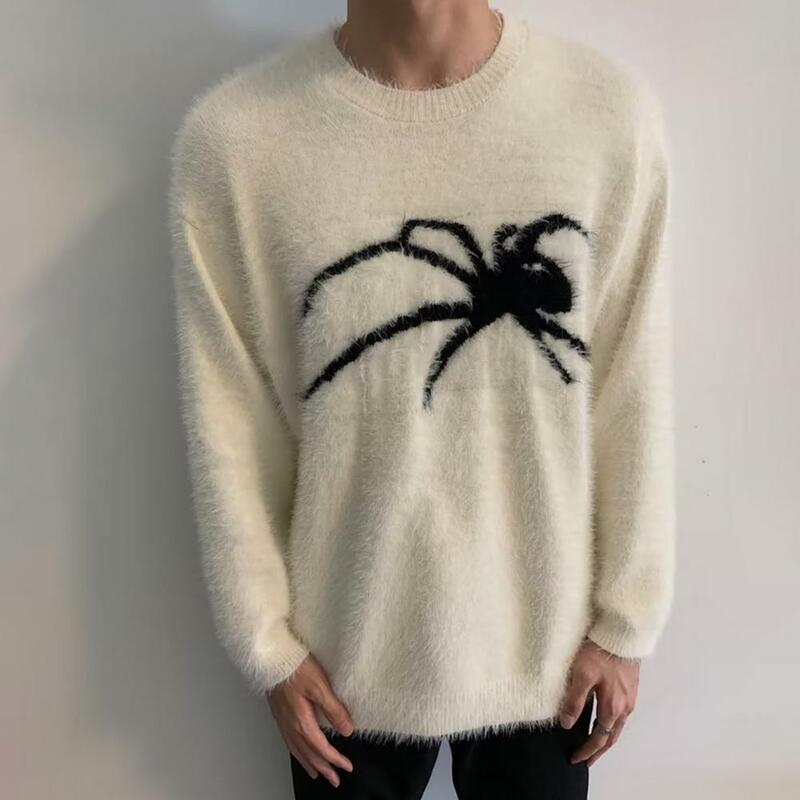 Suéter de vison falso masculino com padrão de aranha, pulôver tricotado estilo hip-hop, longo, inverno
