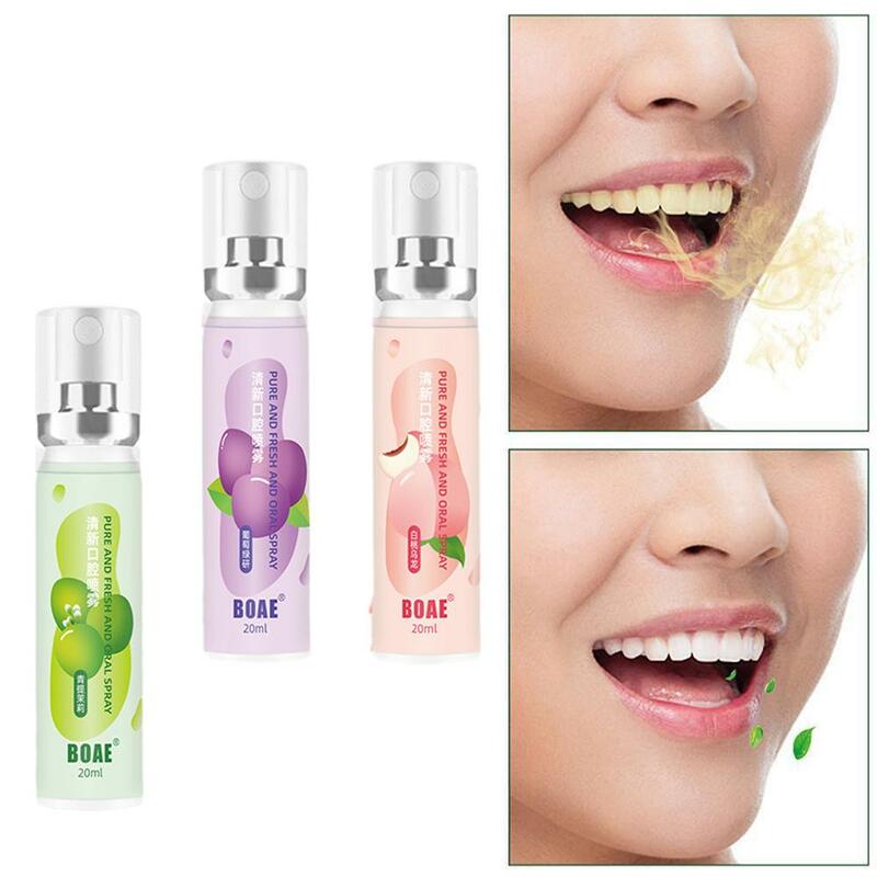 Sabor de frutas Spray Oral Fresco, Purificador de boca, Remova o mau hálito, Desodorante, Doce, Uva, Pêssego, 20ml