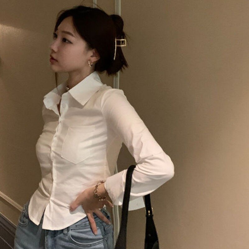 Slim Long Sleeve Shirts Women Solid Short Defined Waist Sexy Hot All-match Spring Autumn Tops Turn-down Collar Female Chic Mujer