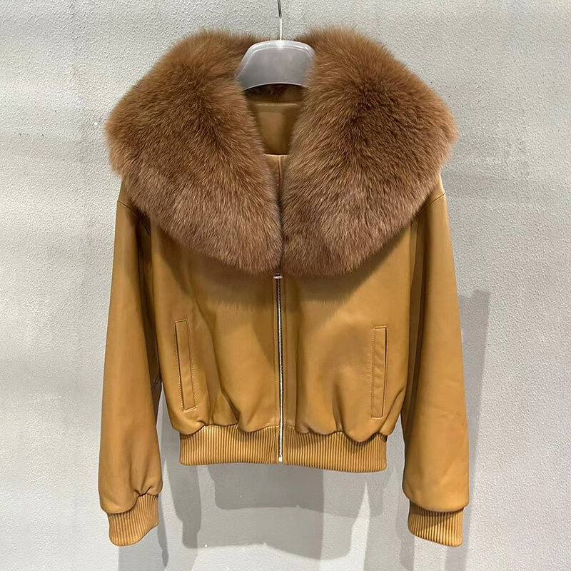 2022 novas mulheres jaquetas de couro genuíno casaco pele carneiro gola pele de raposa manga cheia zíper moda outono inverno outwear gt5076
