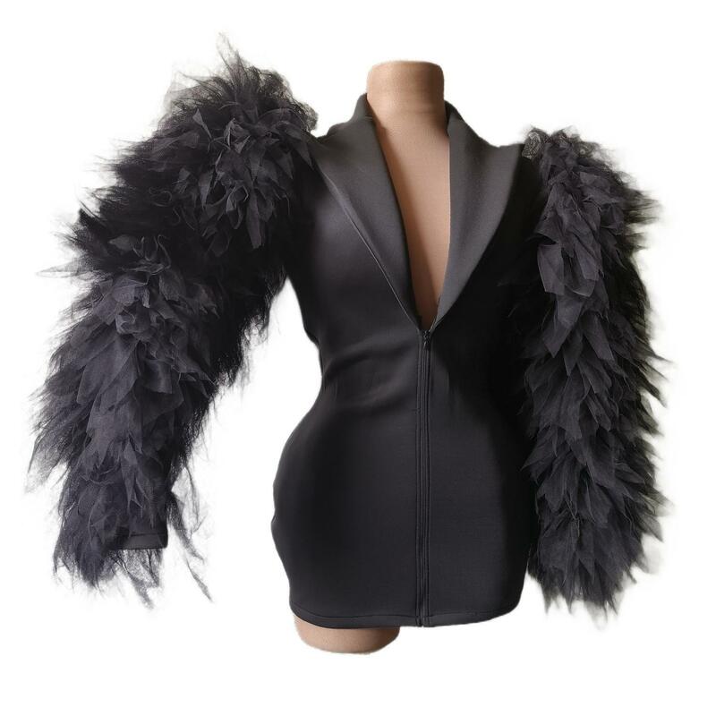 Sexy Black Zipper Long Sleeve Coat Suit Deep V Jacket Dancer Stage Performance Festival Outfits Women Club Party Blazer Dress