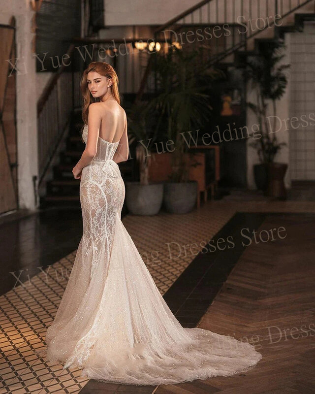 Sexy Graceful Mermaid Wedding Dresses Lace Appliques Backless Bride Gowns Strapless Sleeveless Vestidos De Novia Formal Party