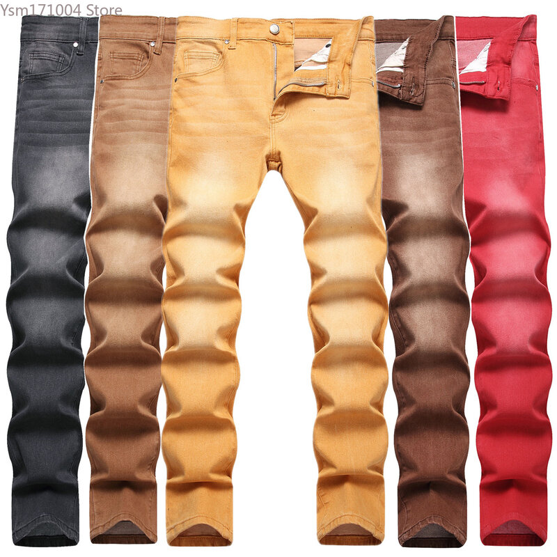 بنطال جينز مطاطي أحادي اللون للرجال ، سروال ضيق مناسب ، ملابس الشارع الكورية ، ملابس رجالية ، أسود ، موضة الخريف ، للرجال