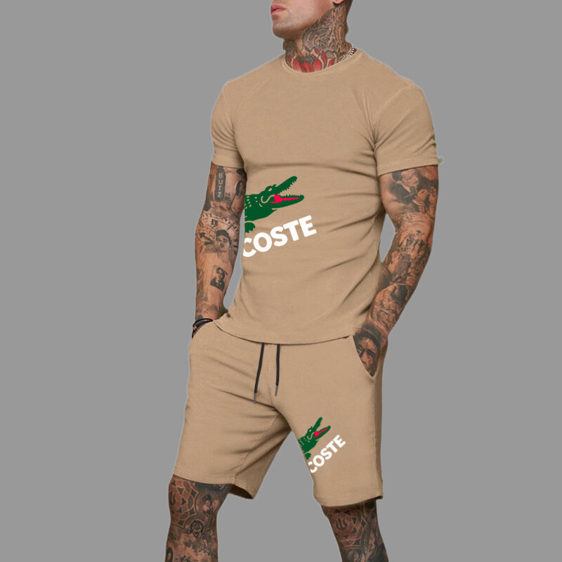 2024 new men's fashionable sportswear, men's fitness wear, summer wear, short sleeved T-shirt and shorts, quick drying 2-pieces