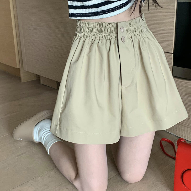 Pantaloncini elastici coreani a vita alta da donna pantaloncini estivi a gamba larga con doppio bottone donna pantaloni corti larghi in tinta unita da donna
