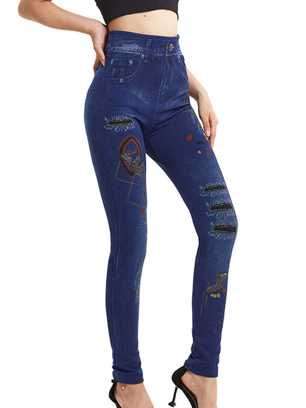 Calças lápis de cintura alta elásticas femininas, leggings fitness com estampa elástica, leggings casuais femininas de jeans falso