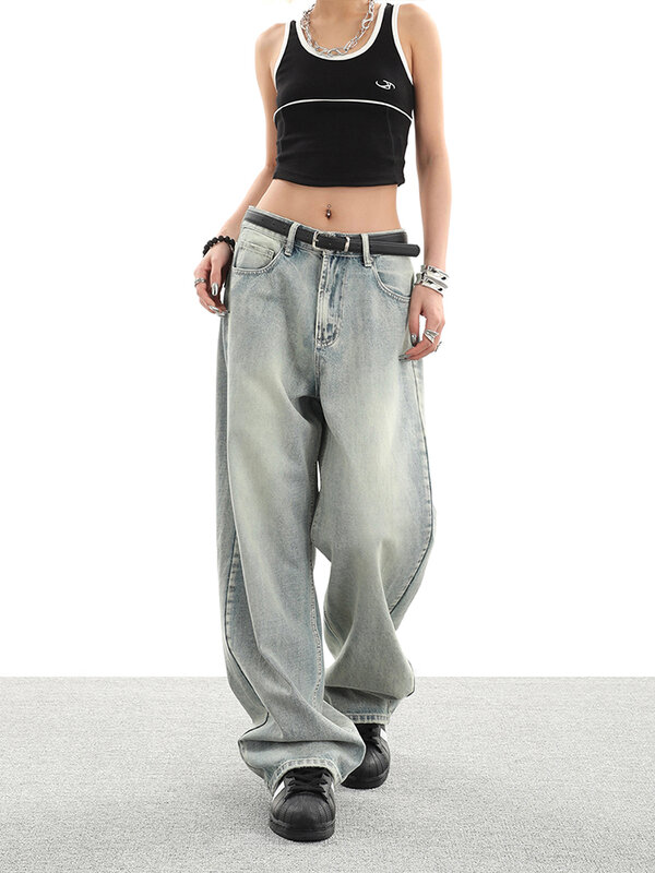 Jeans lurus wanita model jalanan, celana Denim pinggang tinggi longgar kaki lebar Musim Panas 2024