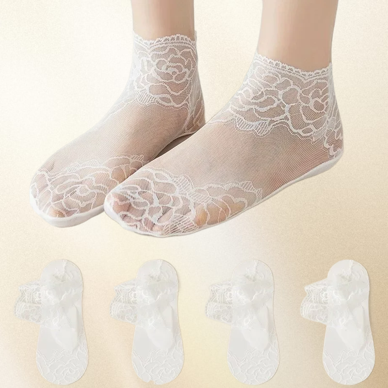 ถุงเท้าผ้าลูกไม้ลายดอกไม้สำหรับผู้หญิง5/10คู่ถุงเท้าหุ้มข้อข้อข้อข้อต่ำโปร่งใสระบายอากาศได้ดีถุงเท้าสั้นของผู้หญิงเซ็กซี่กันลื่น