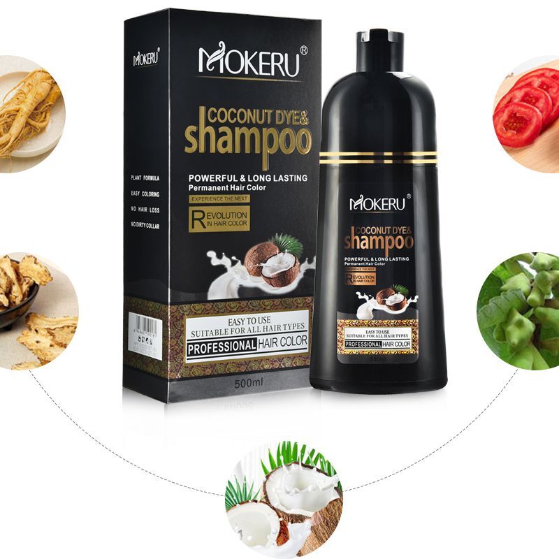 Mokeru 500ml Natural Organic Coconut Oil Essence Black Hair Dye Shampoo Covering Gray Hair Permanent Hair Coloring Dye Shampoo