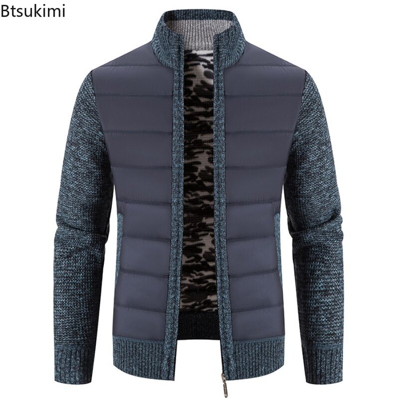 New Autumn Winter Men's Sweater Jackets Fashion Thicker Fleece Warm Knit Outerwear Patchwork Stand Collar Casual Cardigan Male