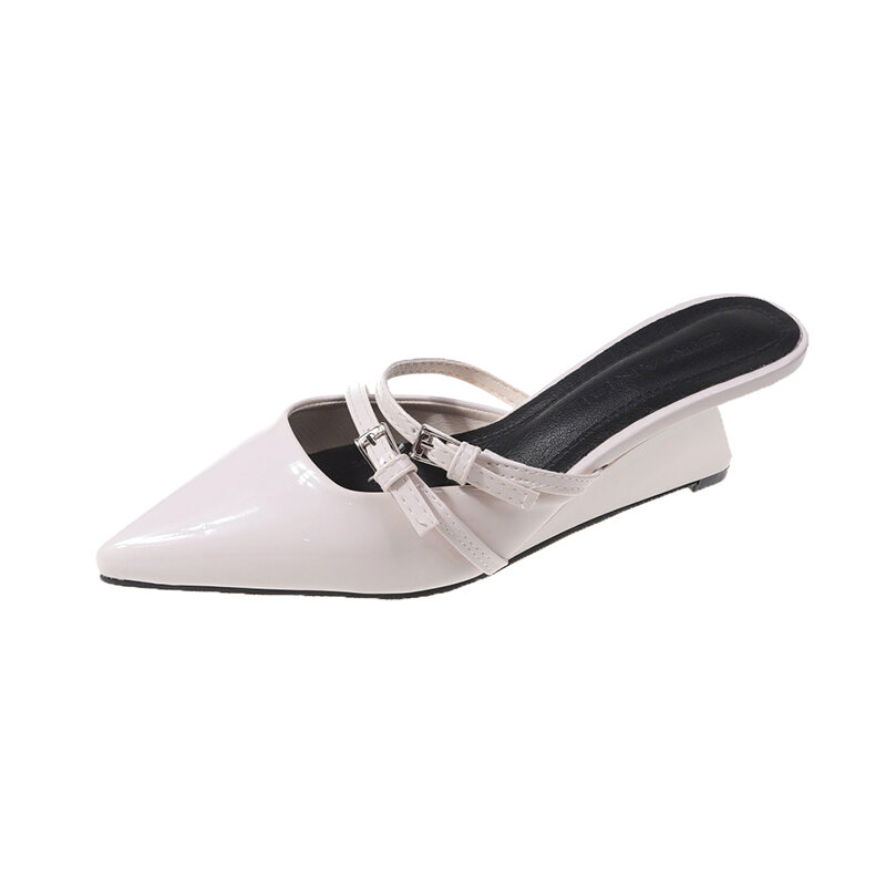 Sepatu Sandal Mules wanita musim panas desainer Sandal hak tebal ujung lancip elegan modis sepatu Sandal luar ruangan wanita