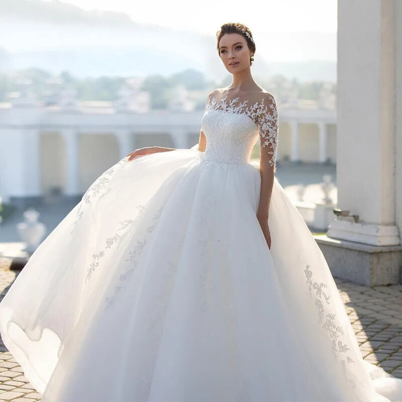 Gaun pernikahan berbulu mewah untuk wanita ognieco lengan setengah renda applique gaun pengantin elegan Vestidos De Novia