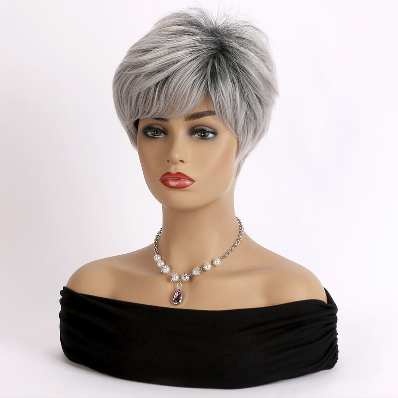 Silver Grey Synthetic Wig for Middle-aged Women Short Layer Curly Hair Fluffy Bangs for Women Daily Party Use Wigs