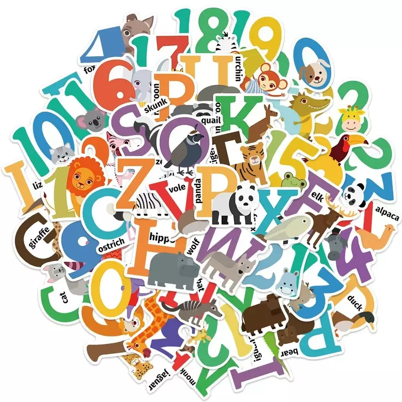 Números de animais dos desenhos animados e letras adesivos, Kawaii adesivos decorativos, Scrapbook, Material para professores, Presente da criança, 50pcs