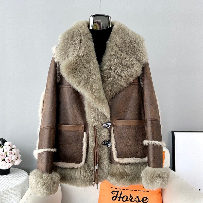 Новый дизайн 2023, теплая Модная куртка с подкладкой из кроличьего меха, Женское зимнее короткое пальто с шерстяным воротником JT439