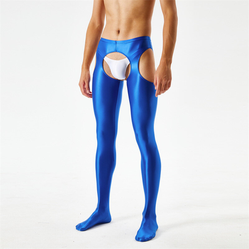 Men Sexy Pants Hollow Pantyhose Shiny Glossy Open Crotch Tights Night Club Wear Thin Sheer Elastic Waist Gay Stockings