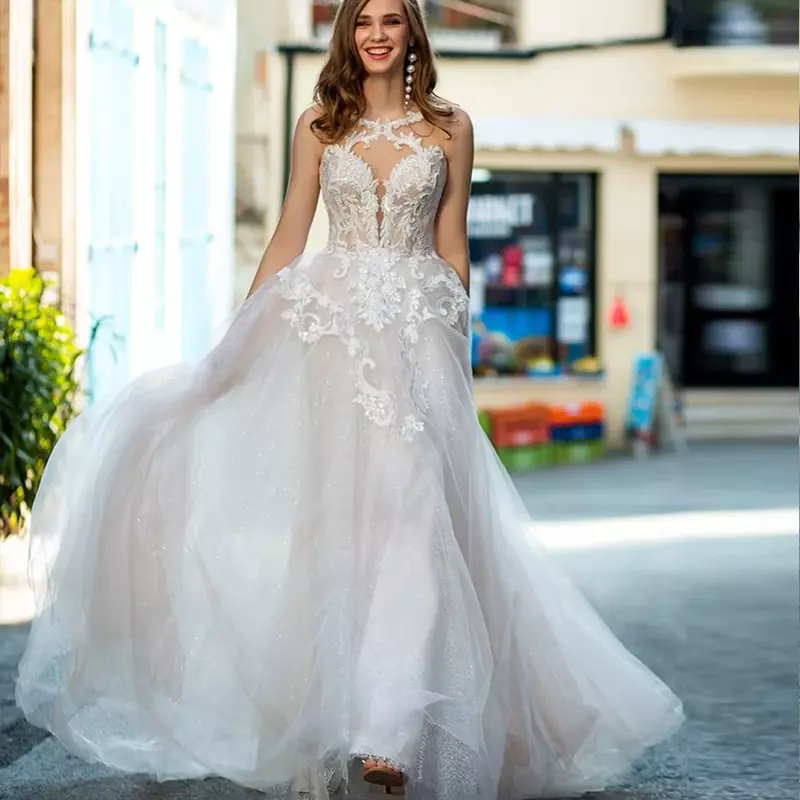 Vestido de noiva feminino sem mangas decote v, vestido nupcial boêmio, Applique A-Line, Pérola, Clássico