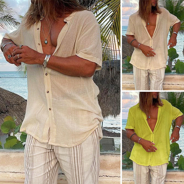 2022 men's simple cotton linen solid color stand collar short sleeve shirt beach style loose men's shirt