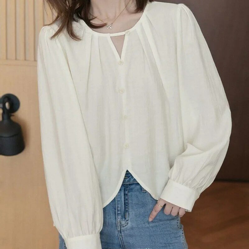 2024Spring Autumn New Fashion Round Neck Long Sleeved Blouse Casual Versatile Western Commuting Loose Clothing Women's Shirts