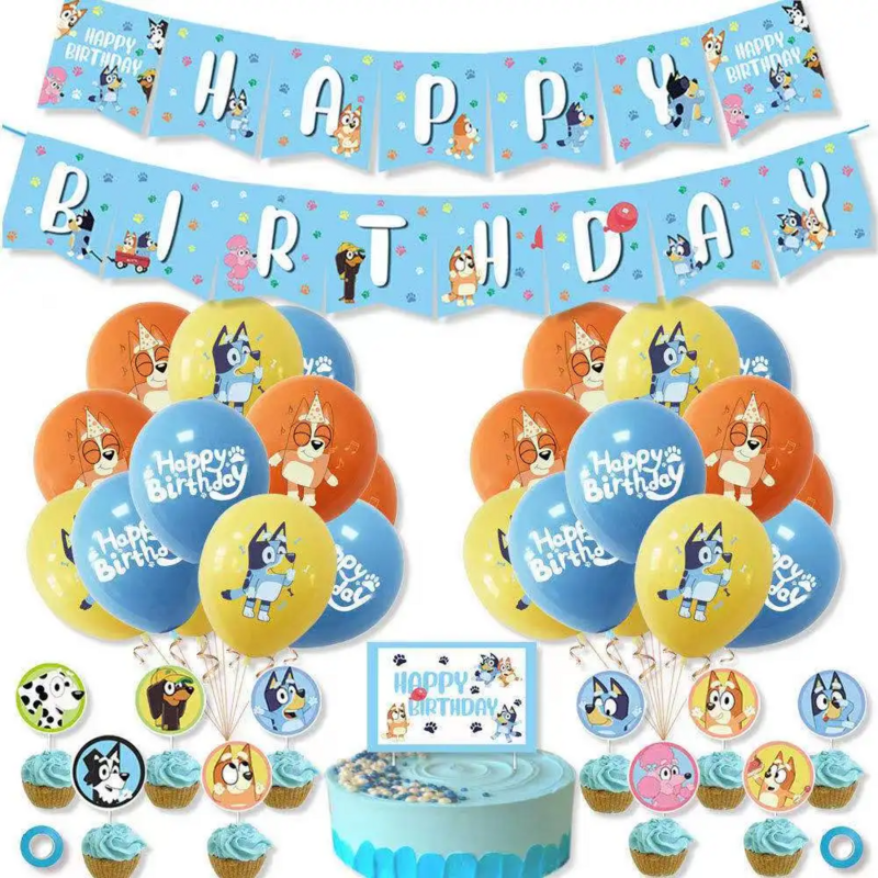 Blue Theme Happy Birthday Party Decorations Tablecloth Banne Cake Topper Balloon Girl Baby Shower Supplies Kid Toys Globos
