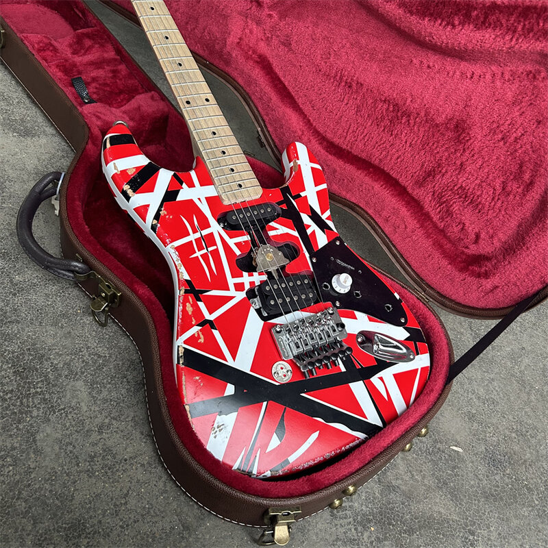 Eddie Van Halen-Guitarra Elétrica Pesada, Corpo Vermelho, Decorado com Listras Preto e Branco, Frete Grátis, Stock, 5150 "Fran-k"