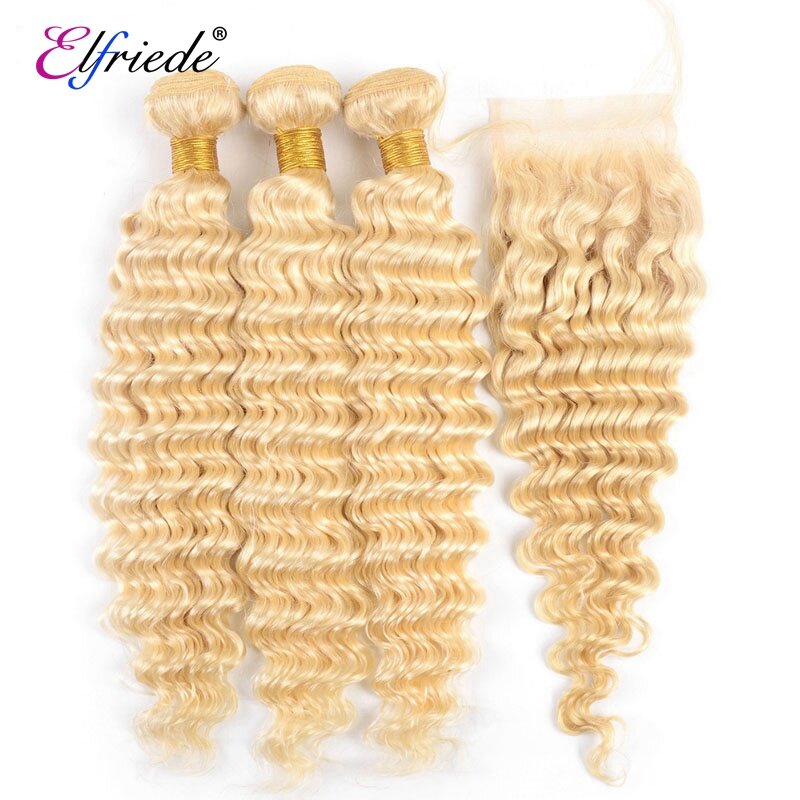 Elfriede #613 светлые глубокие волнистые женские бразильские Реми человеческие волосы переплетенные 3 звеньев с прозрачной кружевной застежкой 4x4