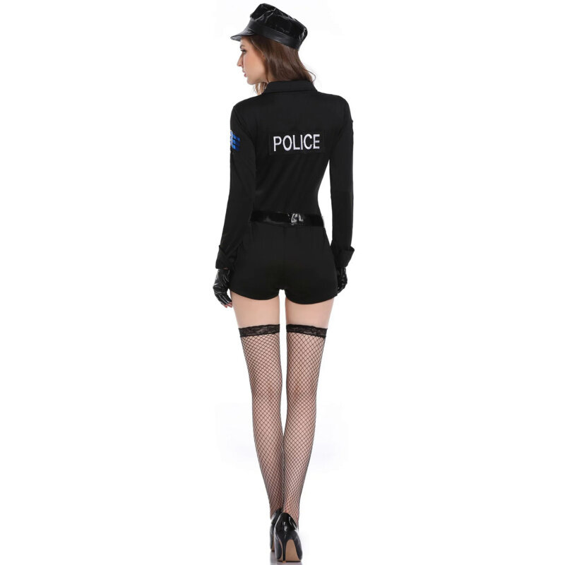 Sexy Womens Policewoman Carnival Halloween Cosplay Costume Zipper Short Sleeve Bodysuit Cop Officer Uniform Police Outfits
