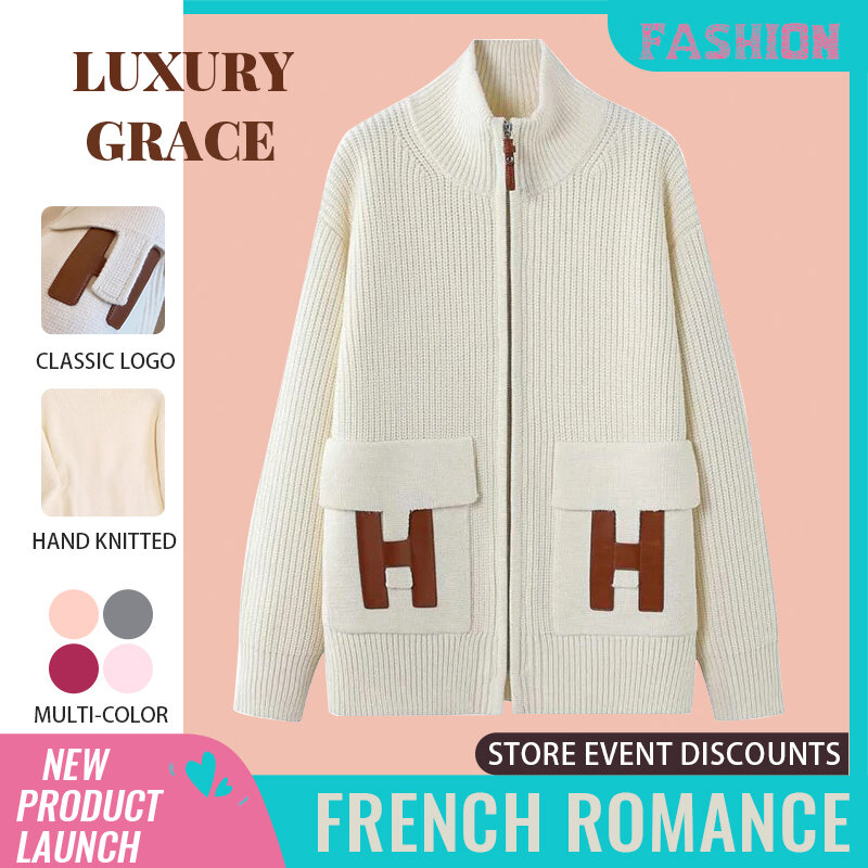 Luxury H Letter Knitted Jacket Winter Women's New Fashion Autumn Winter Fashion Female Clothing Pullover Cardigan Style Sweater