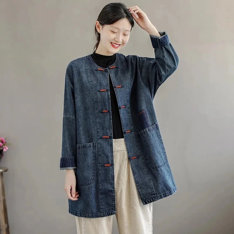 2024 Spring Autumn Korean Women Denim Jacket Retro Style Fashion long sleeve Lady Outerwear Temperament Loose Female Cowboy Coat