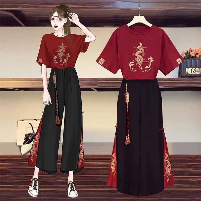 2022 New Japanese Harajuku Tee Tops Chinese Style Tang Suit Women Casual T-shirt Wide Leg Kung Fu Pants Set Oriental Clothing