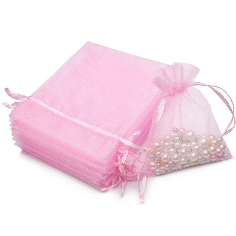 50 buah Pink Organza tas penyimpanan serut pesta pernikahan dekorasi hadiah kantong tampilan perhiasan persediaan aksesoris
