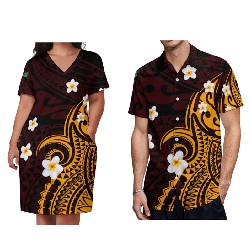 2024 nowa para odzież damska dekolt w serek elegancka długa suknia wysokiej jakości męski koszula na co dzień polinezyjski niestandardowy wzór