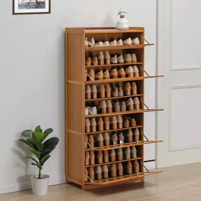 Armario de zapatos de bambú, caja de almacenamiento moderna de 9 niveles con puertas extraíbles, 36 pares de botas de tacón, color marrón