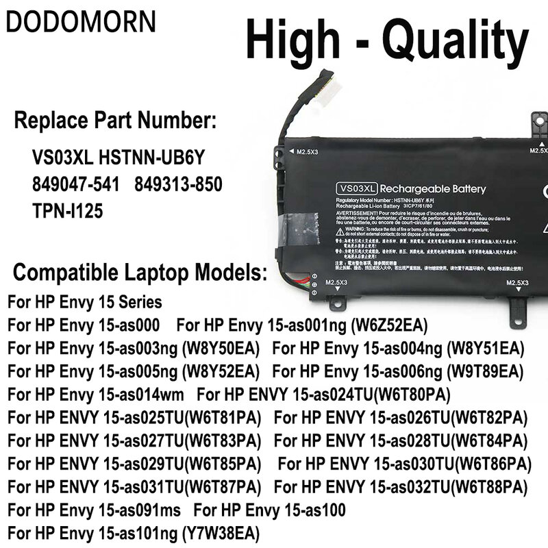DODOMORN-Bateria para HP Envy, Nova Bateria para HP, Envy 15-AS, 15-AS014WM, 849047-541, HSTNN-UB6Y, 849047-541, 849313-850, 11.55V, 52Wh