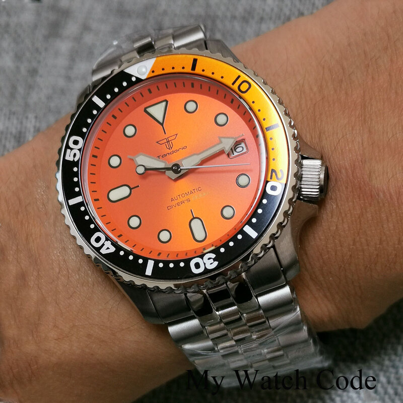 Tandorio 200m wodoodporny automatyczny zegarek dla mężczyzn NH35A Movt Crown at 3.8 Sunburst pomarańczowy luksusowy zegarek do nurkowania stalowa bransoletka SKX