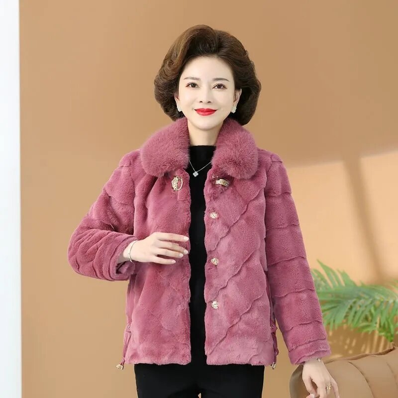 Jaqueta de pele de vison falso para mulheres de meia idade, grosso acolchoado, casaco curto quente, elegante outwear de lã, casaco de inverno mãe high end, 5XL