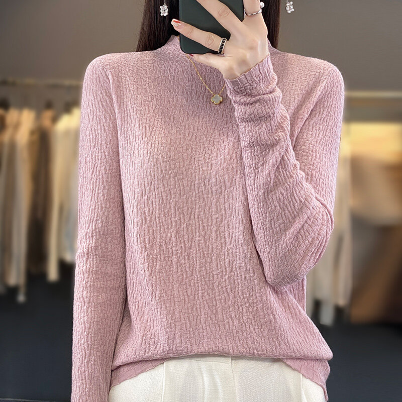 Merino Sweater lembut wol wanita, atasan dasar kasmir rajut kasual longgar musim gugur musim dingin, Pullover kerut kerah setengah tinggi 100%