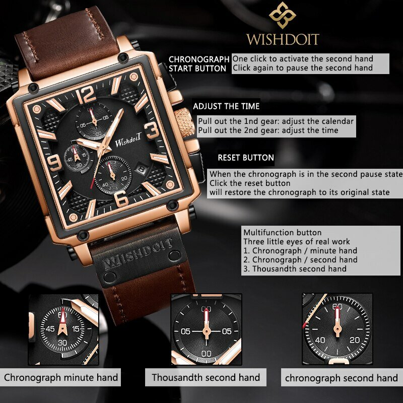 WISHDOIT-Relógio de aço inoxidável impermeável masculino, pulseira de couro, moda quartzo, cronógrafo esportivo, relógios de pulso quadrados, original