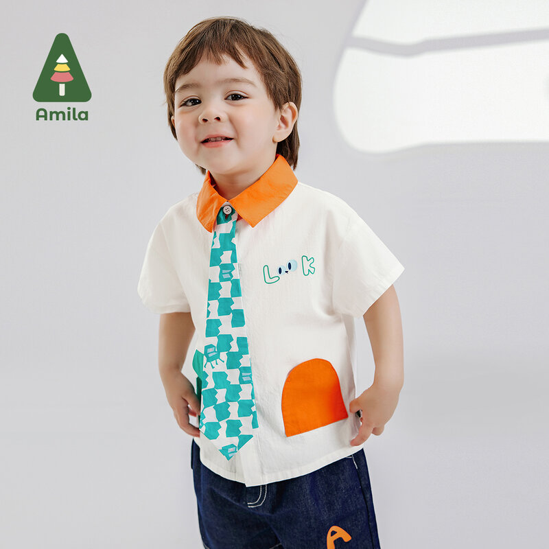 Amila-Boy's Contrasting Collar and Pocket Tie Shirt, roupa de criança, casual, Verão, Novo, 0-6Y, 2022