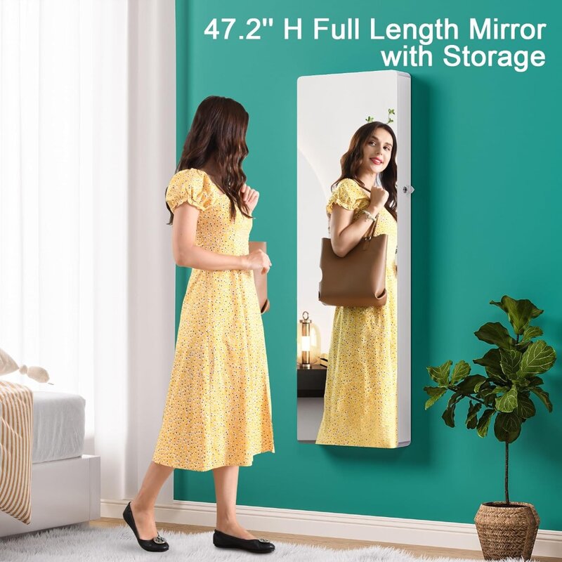 LED 거울 보석 캐비닛, 전체 길이 거울이 달린 벽 장착 보석 정리함, 문짝 걸이식 보석 갑옷, 47.2 인치