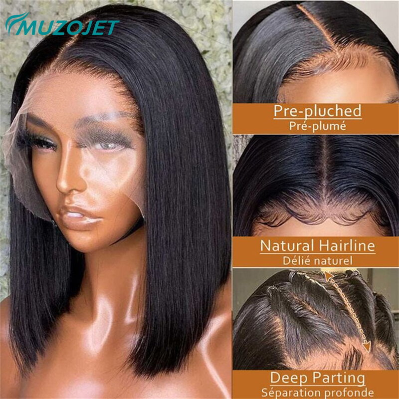 Perruque Bob Lace Front Wig Naturelle Courte et Lisse, Cheveux Humains, 13x4, Transparent HD, pour Femme Africaine