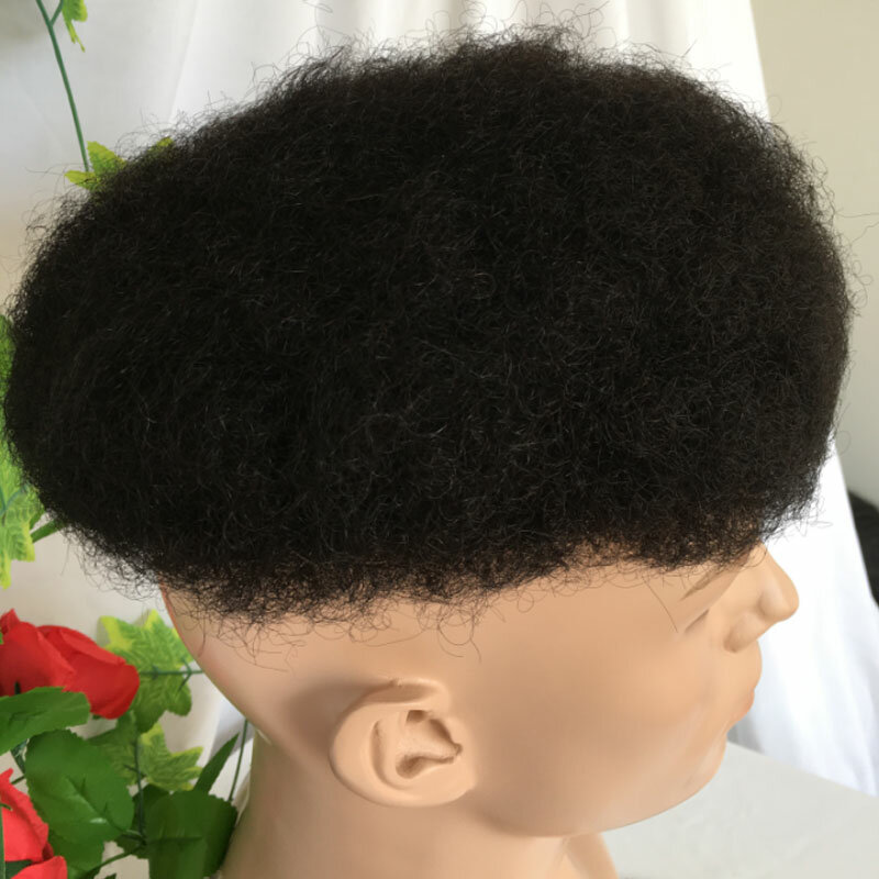 Men's Hair Afro Curly Toupee Wigs Hairpiece 100% Human Hair Replacement Toupee For African American 10x8 Base Size 1B Color